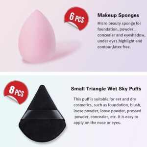 WSYUB 14Pcs Powder Puff &Makeup Blending Sponge, Professional Beauty Makeup Set- 6Pcs Pink Makeup Blender Tear-drop Shape, 6Pcs Black Triangle Velvet Powder Puff with 2Pcs Mini Pure Cotton Makeup Pad