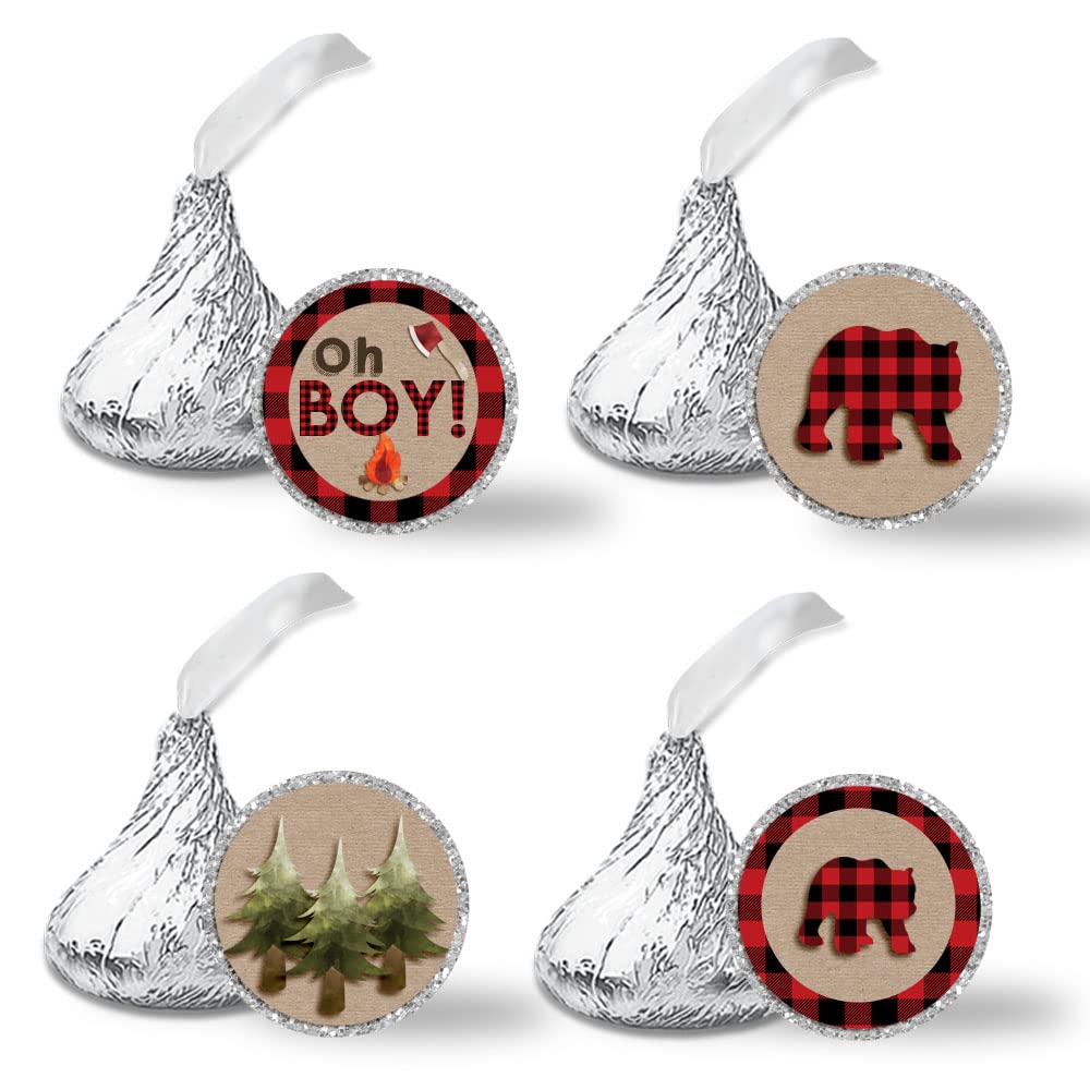 Oh Boy! Outdoorsy Red and Black Plaid Lumberjack Boy Baby Shower Kiss Sticker Labels, 300 0.75” Circle Sticker for Chocolate Kisses by Amanda Creation, Great for Favors, Treats, Envelopes & Goodie Bag