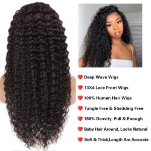 28 Inch Lace Front Wig Human Hair 13x4 Curly Wigs for Women Pre Plucked with Natural Baby Hair 180 Density Brazilian Virgin Deep Wave Frontal Wet and Wavy Wig Natural Color (28inch,Natural Black)