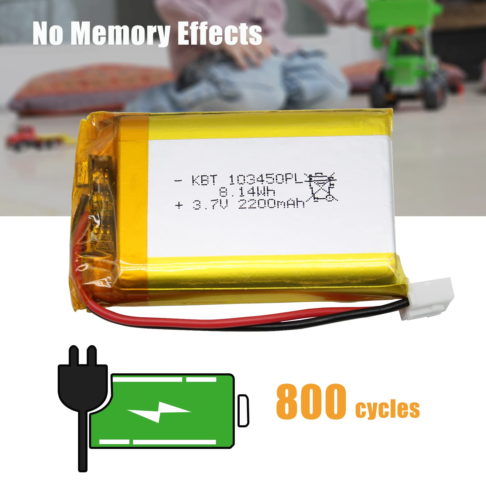 KBT 3.7V 2200mAh Li-Polymer Battery: 103450 Lipo Rechargeable Lithium-ion Replacement Batteries with JST Connector