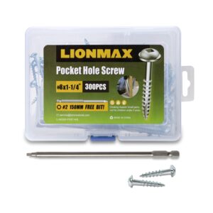 lionmax pocket hole screws 1-1/4 inch, 300pcs #8 x 1-1/4" pocket screw with square drive, coarse threads, for indoor wood project, zinc plated, 150mm drive bit included