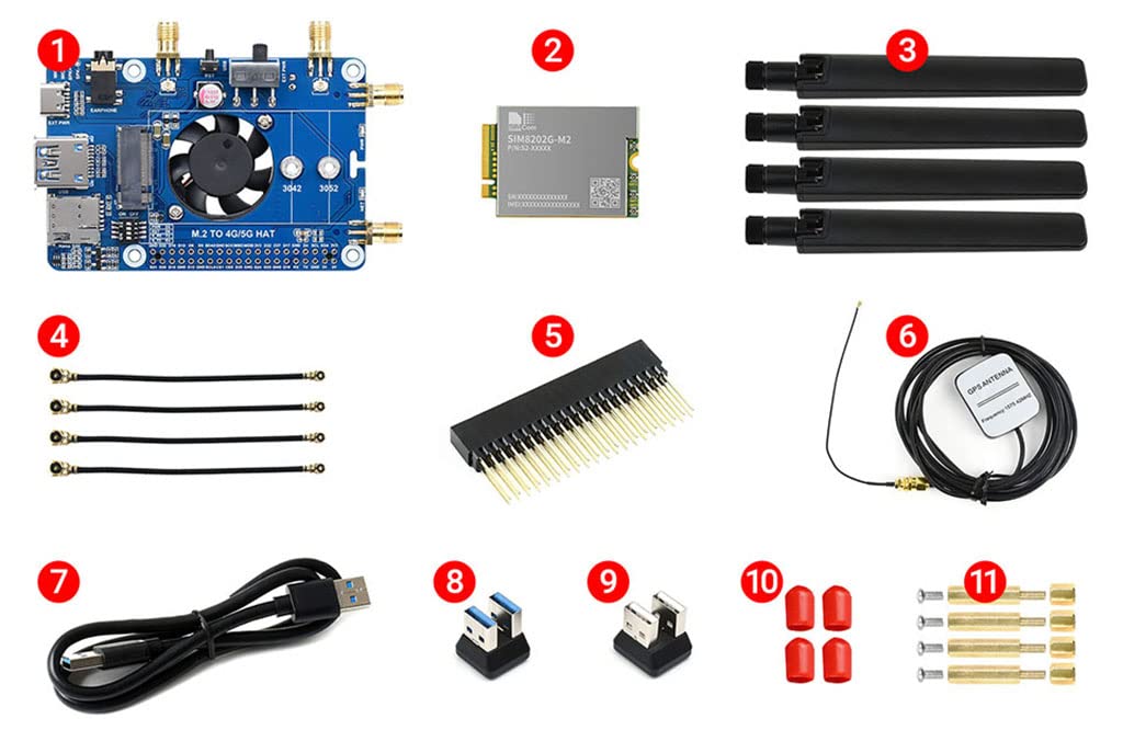 Coolwell SIM8202G-M2 5G HAT for Raspberry Pi/Ardui, Quad Antennas Support 5G NSA and SA Networking, 5G/4G/3G Compatible, Multi-Mode & Multi-Band