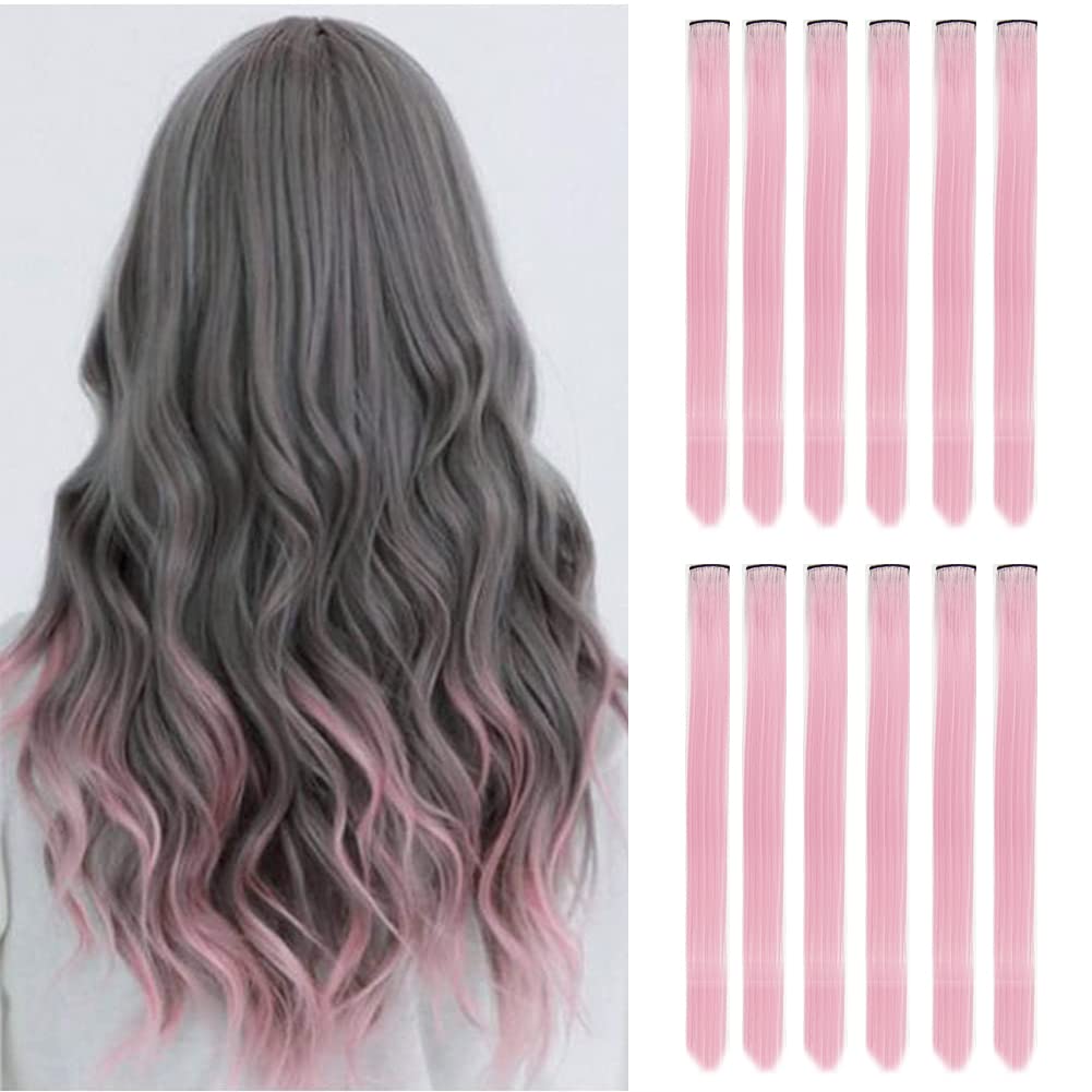 12 PCS Pink Hair Extensions Clip in 22 Inch Highlights Hair Extensions for Kids Girls Straight Hair Synthetic Hairpieces Halloween Cosplay Party Christmas New Year Gift