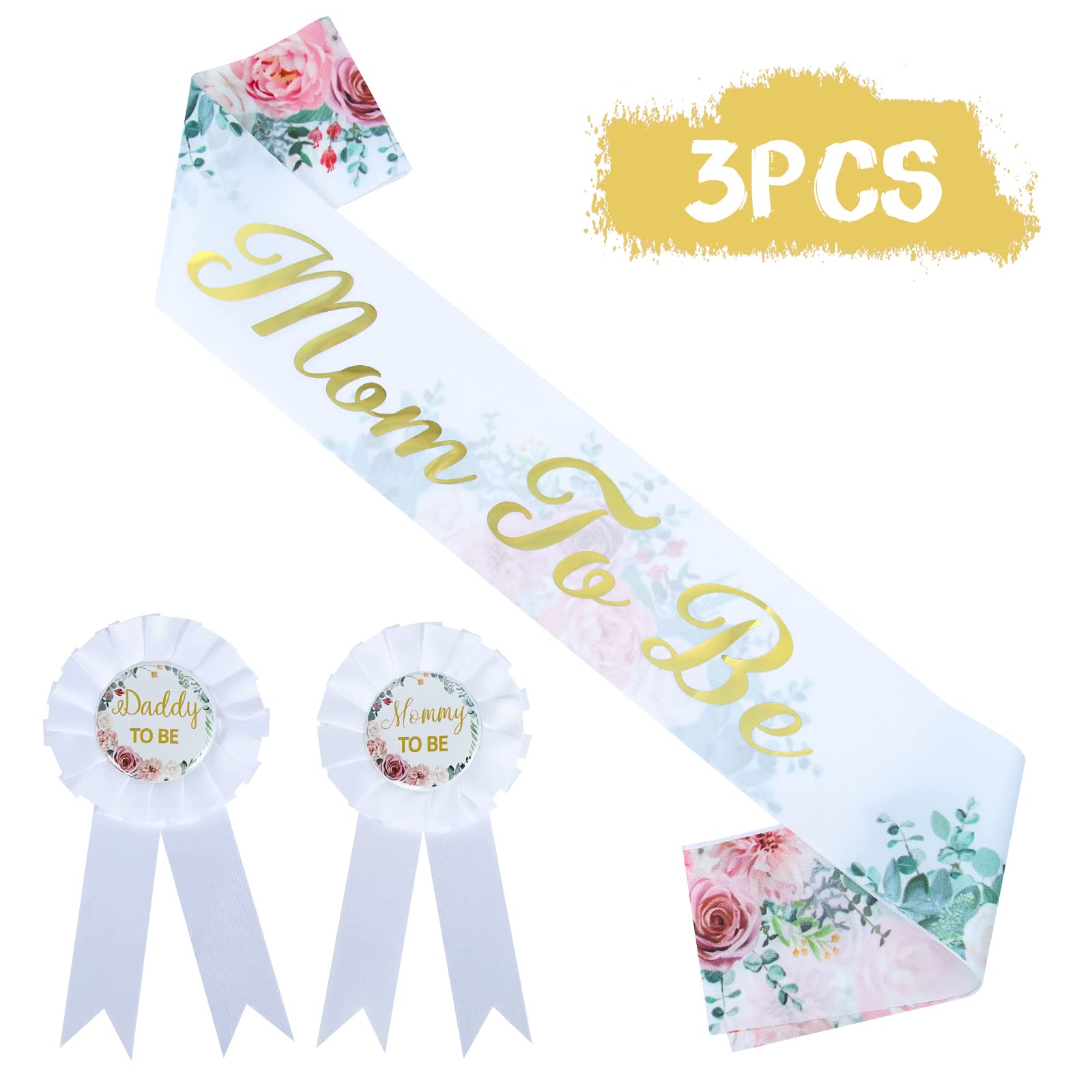 HAPPYLAND Baby Shower Decorations Floral Sash and Tinplate Badge Mommy to Be and Daddy to Be Baby