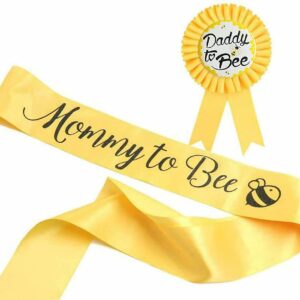 paticarry newhappyland baby shower party gender reveal yellow sash for mom to bee & dad to bee pin tinplate badge button new dad party gifts welcome baby sash for baby shower decorations