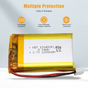 KBT 3.7V 2200mAh Li-Polymer Battery: 103450 Lipo Rechargeable Lithium-ion Replacement Batteries with JST Connector