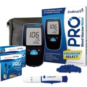 Embrace PRO Diabetes Testing Kit - Embrace PRO Blood Glucose Meter, 100 Blood Test Strips, 1 Lancing Device, 30 Gauge Lancets-100 Count and Carrying Case…