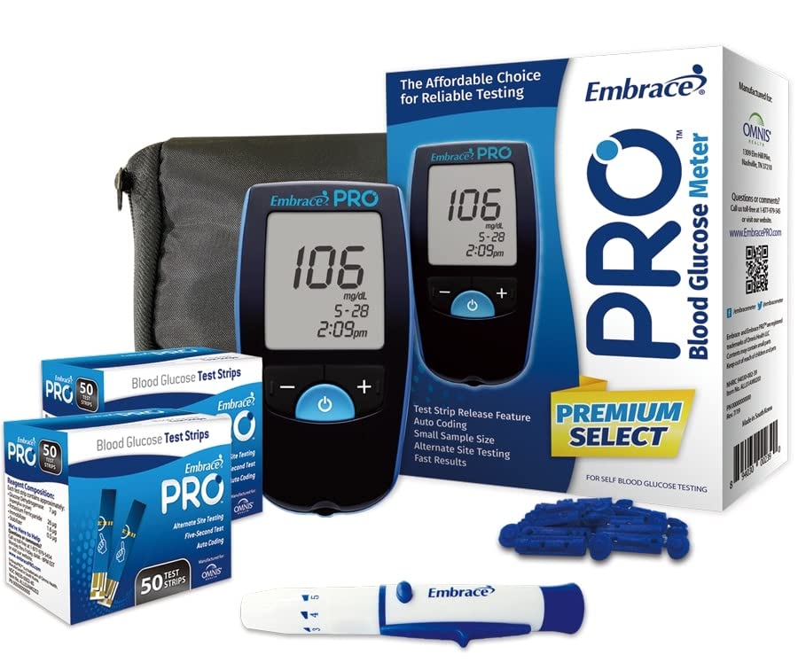 Embrace PRO Diabetes Testing Kit - Embrace PRO Blood Glucose Meter, 100 Blood Test Strips, 1 Lancing Device, 30 Gauge Lancets-100 Count and Carrying Case…