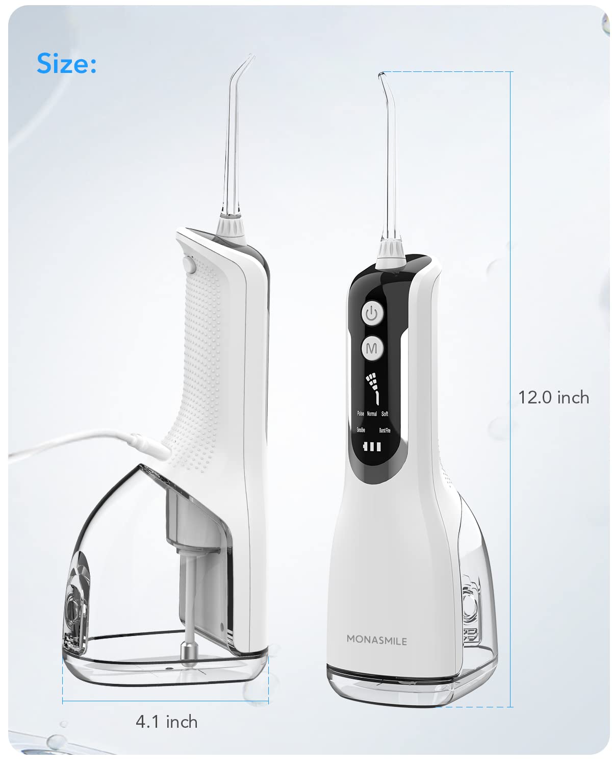 Monasmile 350ML Water Dental Flosser Cordless, 5 Modes, 4 Nozzles, IPX7 Waterproof, Battery Indicator, Rechargeable Portable Oral Irrigator for Teeth Deep Cleaning, Home Travel Use (White)