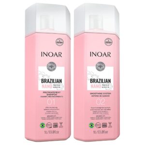 inoar - nano keratin deep cleansing shampoo (step 1) & volume reducer (step 2), chemically treated hair, antifrizz, coconut, vegan hair product, cruelty free haircare for men and women (1 liter duo)