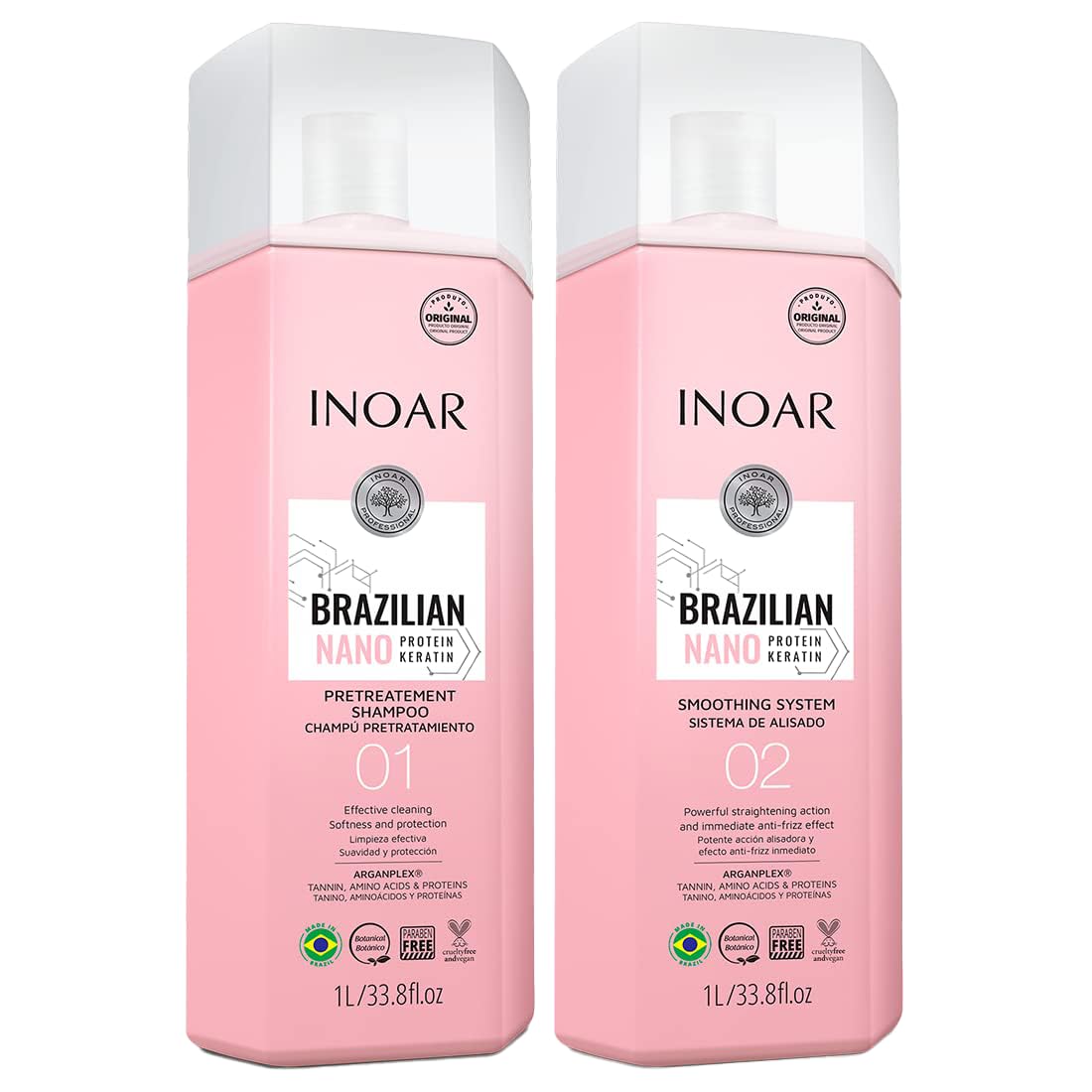 INOAR - Nano Keratin Deep Cleansing Shampoo (Step 1) & Volume Reducer (Step 2), Chemically Treated Hair, AntiFrizz, Coconut, Vegan Hair Product, Cruelty Free Haircare for Men and Women (1 Liter Duo)