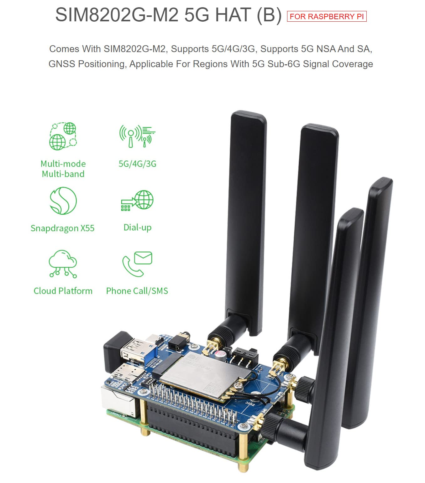 Coolwell SIM8202G-M2 5G HAT for Raspberry Pi/Ardui, Quad Antennas Support 5G NSA and SA Networking, 5G/4G/3G Compatible, Multi-Mode & Multi-Band