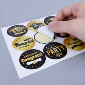 KINBOM 120pcs 1.5in Graduation Round Stickers, Graduation Labels Stickers Graduation Gift Bag Stickers Graduation Envelope Seal Stickers Class of Graduation Celebration (12 Pattern, Black & Gold)