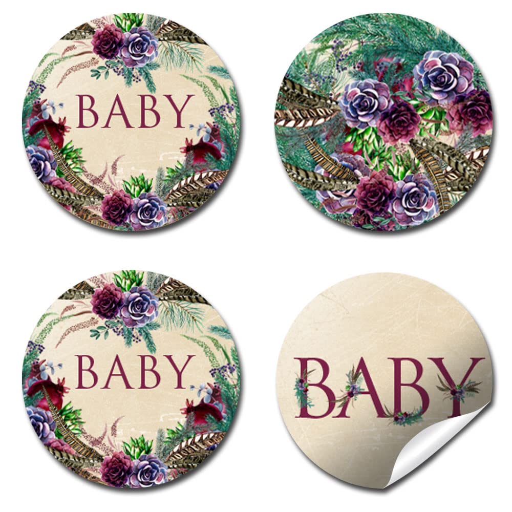 Rustic Boho Watercolor Succulents, Pine & Feathers Baby Shower Kiss Sticker Labels, 300 0.75" Party Circle Stickers for Chocolate Kisses by Amanda Creation, Great for Favors, Treats, Envelopes & Bags