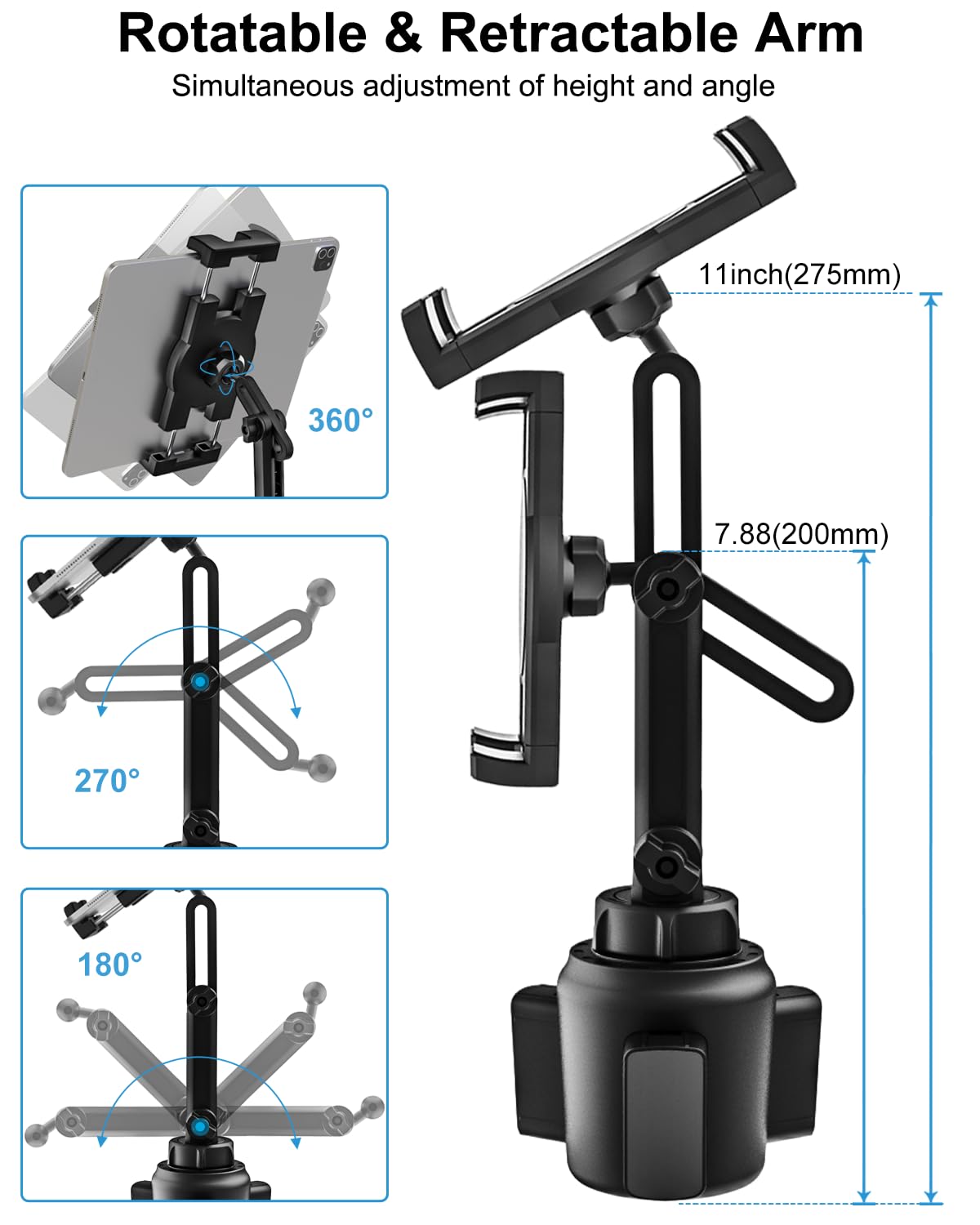 woleyi Cup Holder Car Tablet Mount, iPad Mount Holder for Car/Truck, 360° Rotation Adjustable Universal Tablet Stand Cradle Compatible with iPad Pro Air Mini, Galaxy Tabs, Cell Phones, 4.7-13" Devices