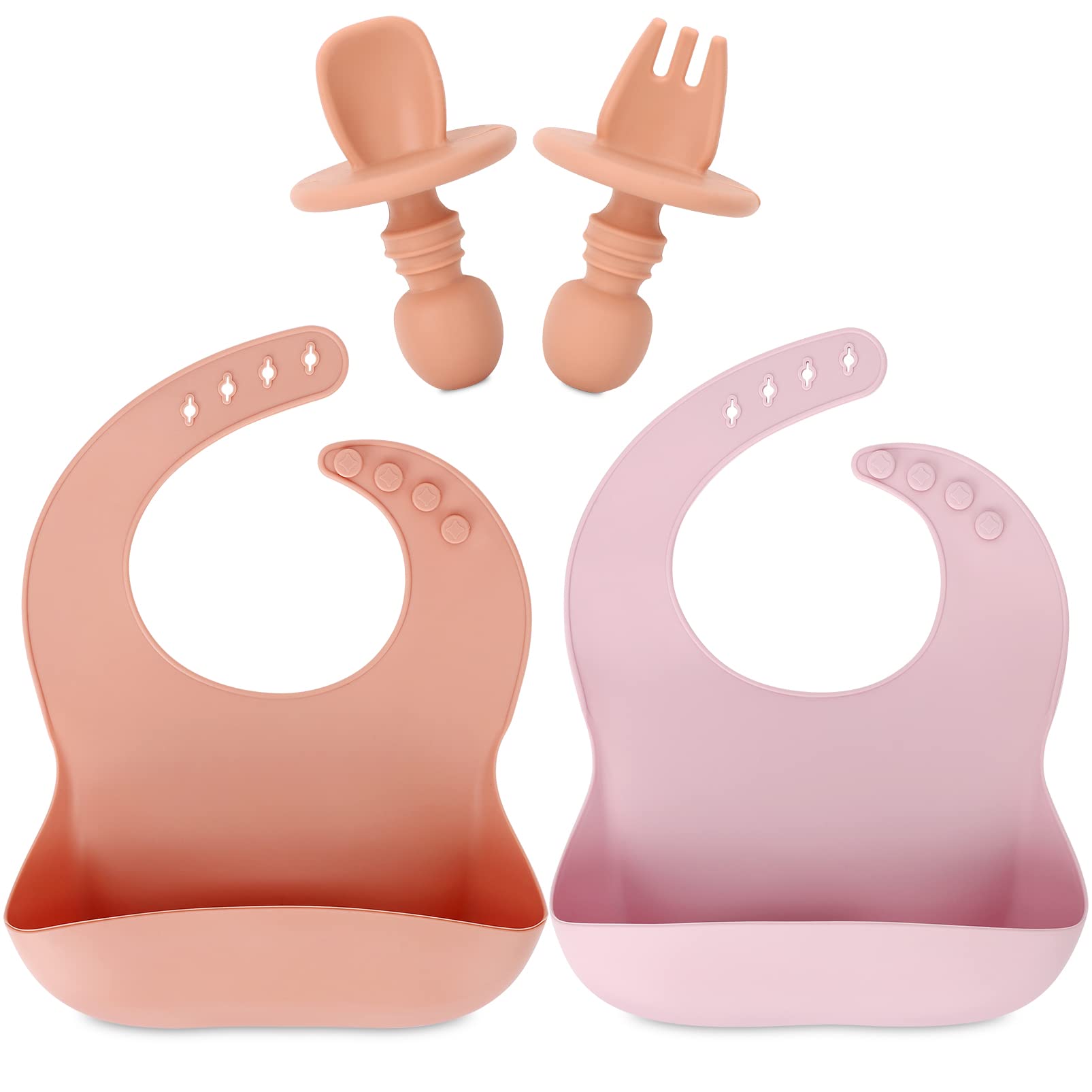 AULEGE Silicone Baby Bibs Set of 2, Spoon Fork, BPA Free Soft Durable Adjustable Waterproof Silicone Feeding Bibs for Babies and Toddlers 6+month (Muted/Peach)