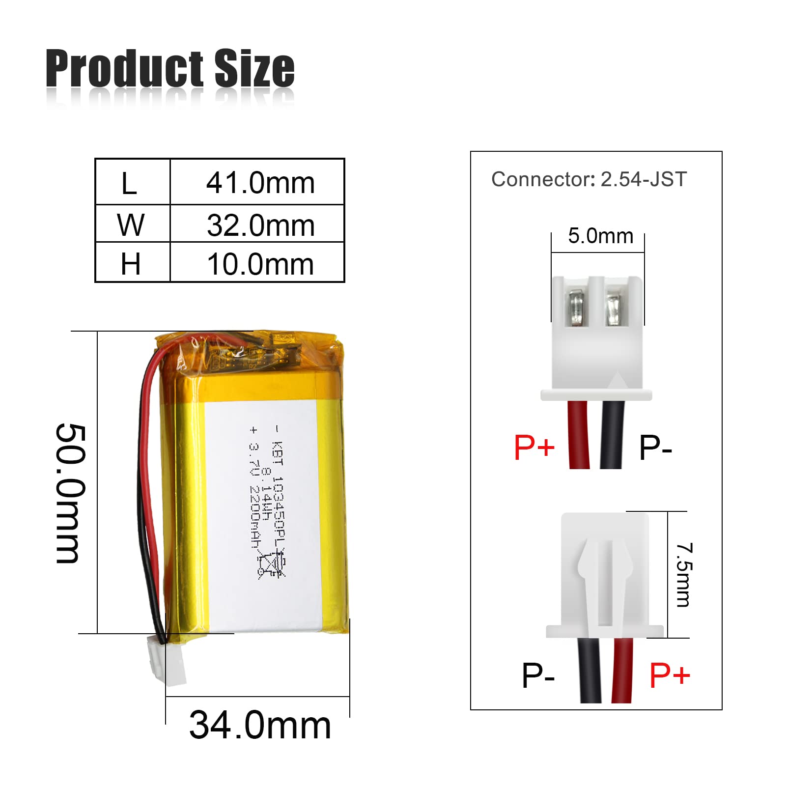 KBT 3.7V 2200mAh Li-Polymer Battery: 103450 Lipo Rechargeable Lithium-ion Replacement Batteries with JST Connector