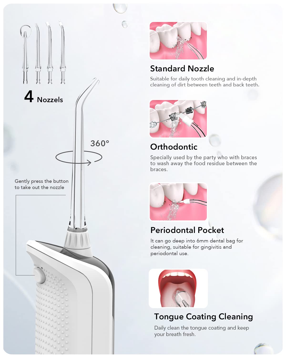 Monasmile 350ML Water Dental Flosser Cordless, 5 Modes, 4 Nozzles, IPX7 Waterproof, Battery Indicator, Rechargeable Portable Oral Irrigator for Teeth Deep Cleaning, Home Travel Use (White)