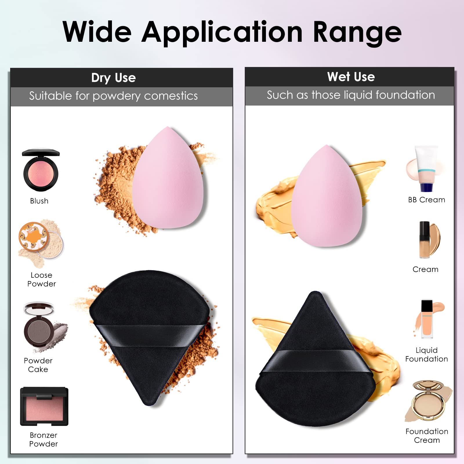 WSYUB 14Pcs Powder Puff &Makeup Blending Sponge, Professional Beauty Makeup Set- 6Pcs Pink Makeup Blender Tear-drop Shape, 6Pcs Black Triangle Velvet Powder Puff with 2Pcs Mini Pure Cotton Makeup Pad