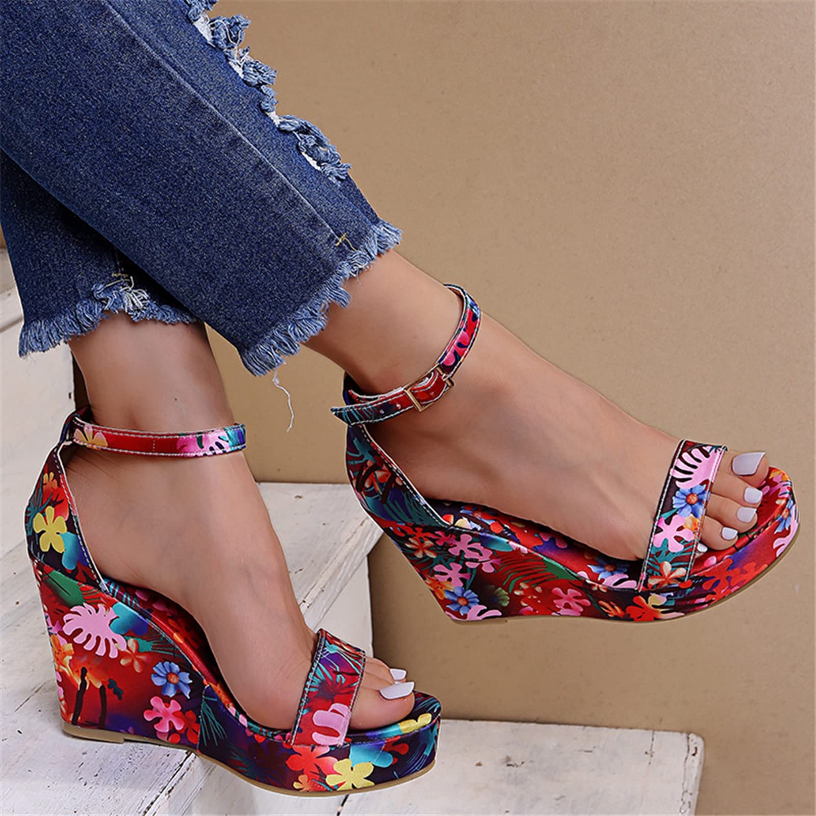 ZBYY Women's Platform Wedge Sandals Summer Floral Printed Slingback Platform Sandals Ankle Strap High Heels Sandals