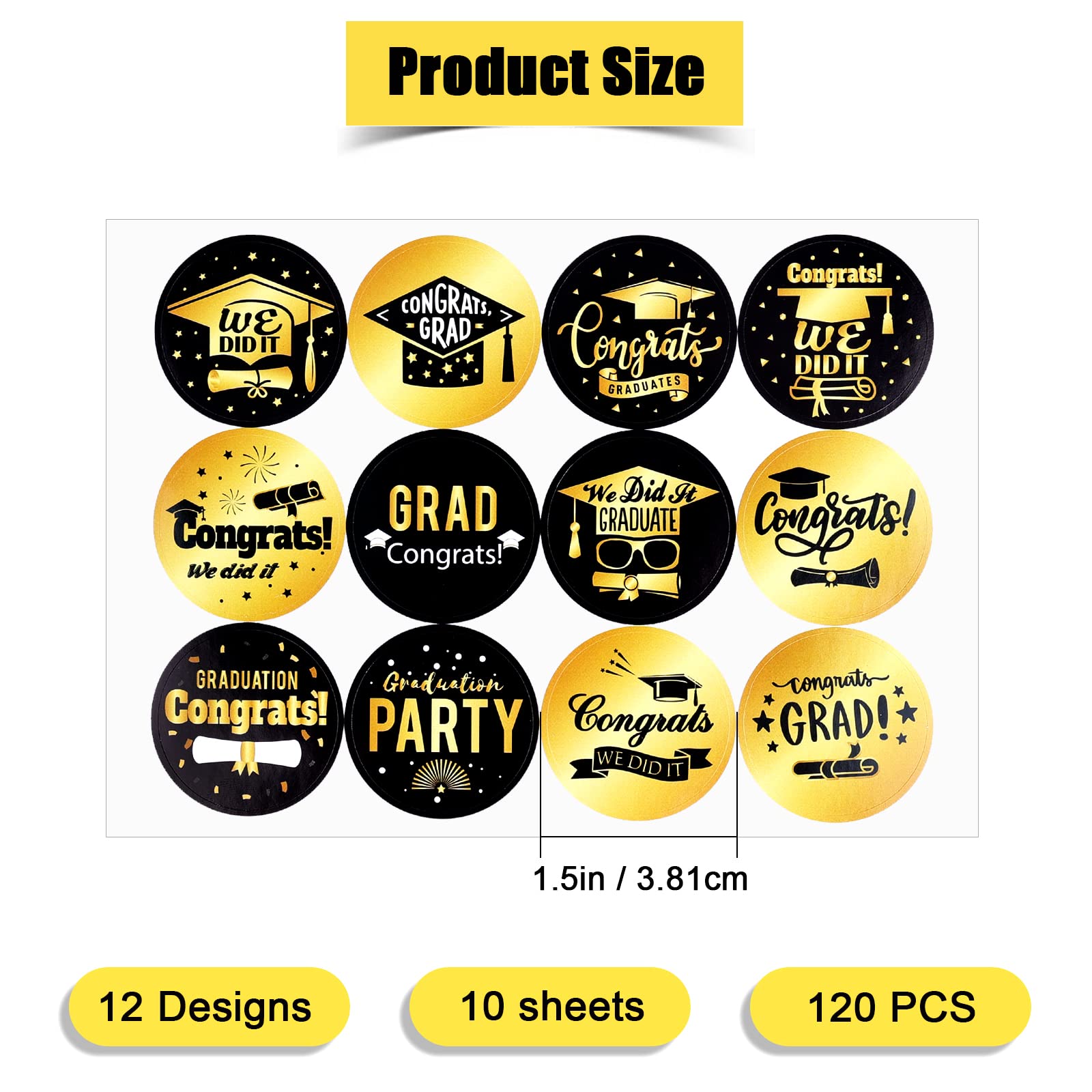 KINBOM 120pcs 1.5in Graduation Round Stickers, Graduation Labels Stickers Graduation Gift Bag Stickers Graduation Envelope Seal Stickers Class of Graduation Celebration (12 Pattern, Black & Gold)