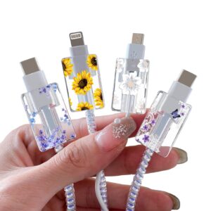 flower floral lightning cable protector for iphone type-c charger,cute lavender sunflower lace blossom pattern 4pcs set phone cable protector,charging cord protector,charger saver (lightning cable)