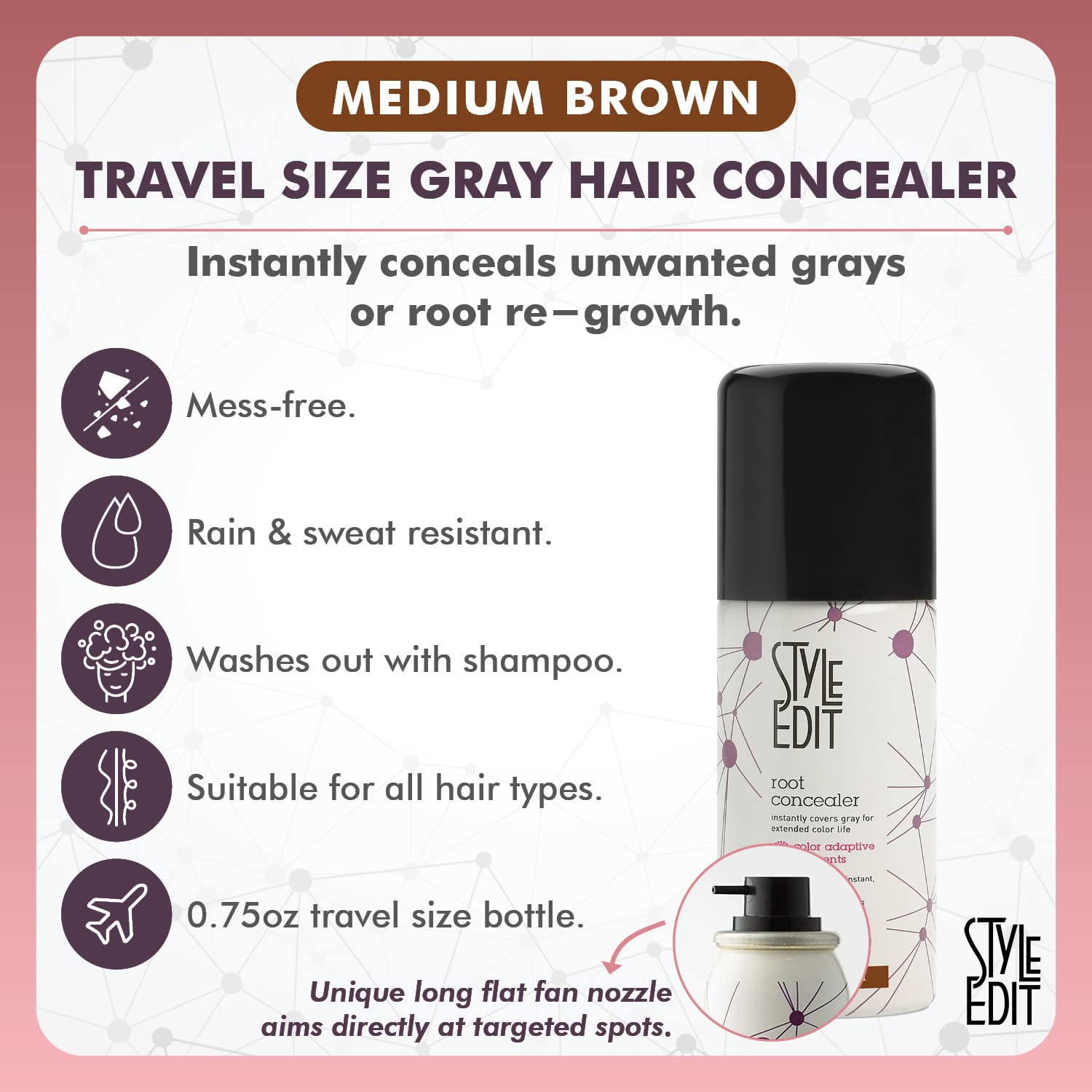 Root Touch Up Spray for Medium Brown Hair by Style Edit | Gray Hair Coverage and Temporary Dye | 0.75 oz Travel Size