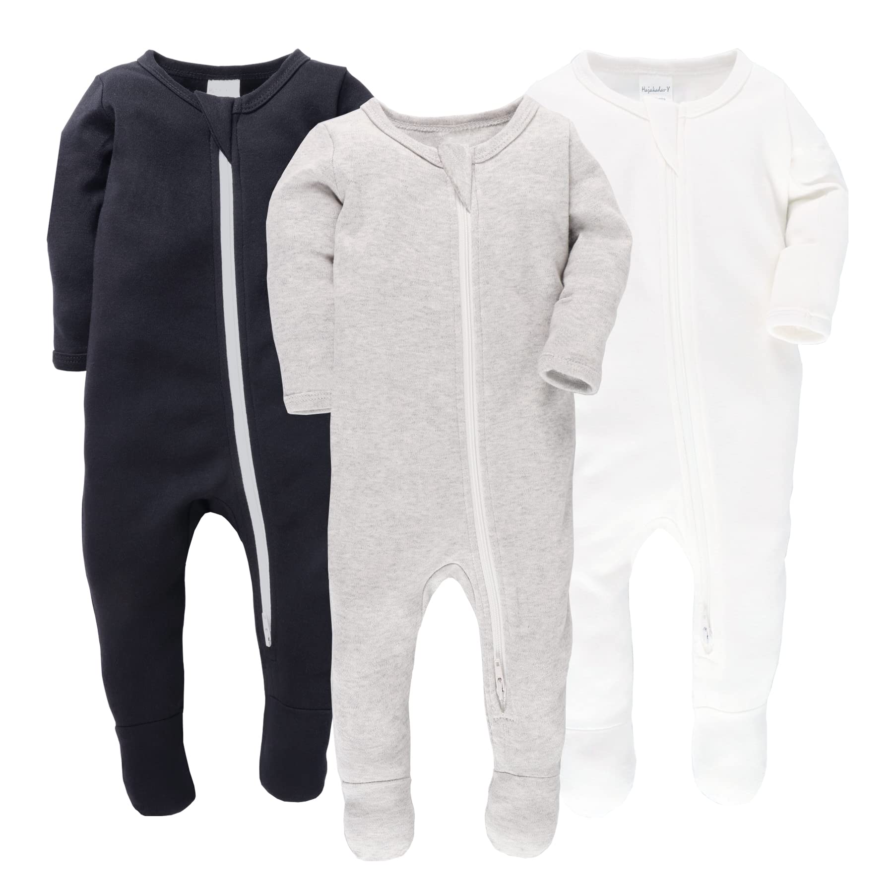 HAJAKADAS-Y Baby Boys' Cotton Sleep and Play Pjs, Snug Fit Footed Jumpsuit, Zip Front Pajamas, Pack of 3(6-9 Months, black/white/Grey)