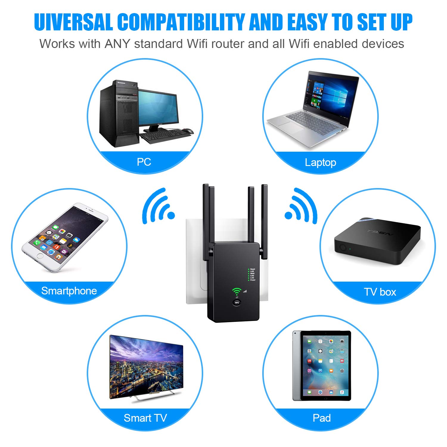 Amake WiFi Extender,WiFi Booster, WiFi Repeater - Coverage up to 2640sq.ft and 25 Devices, Internet Booster,Quick Setup, Home Wireless Signal Booster,Easy 1-Tap Setup