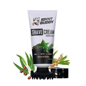 the cut buddy | shave cream for coarse hair | ingrown hair & skin discomfort defense with patented exfoliator attachment | softens and soothes | as seen on shark tank | 6 fl oz