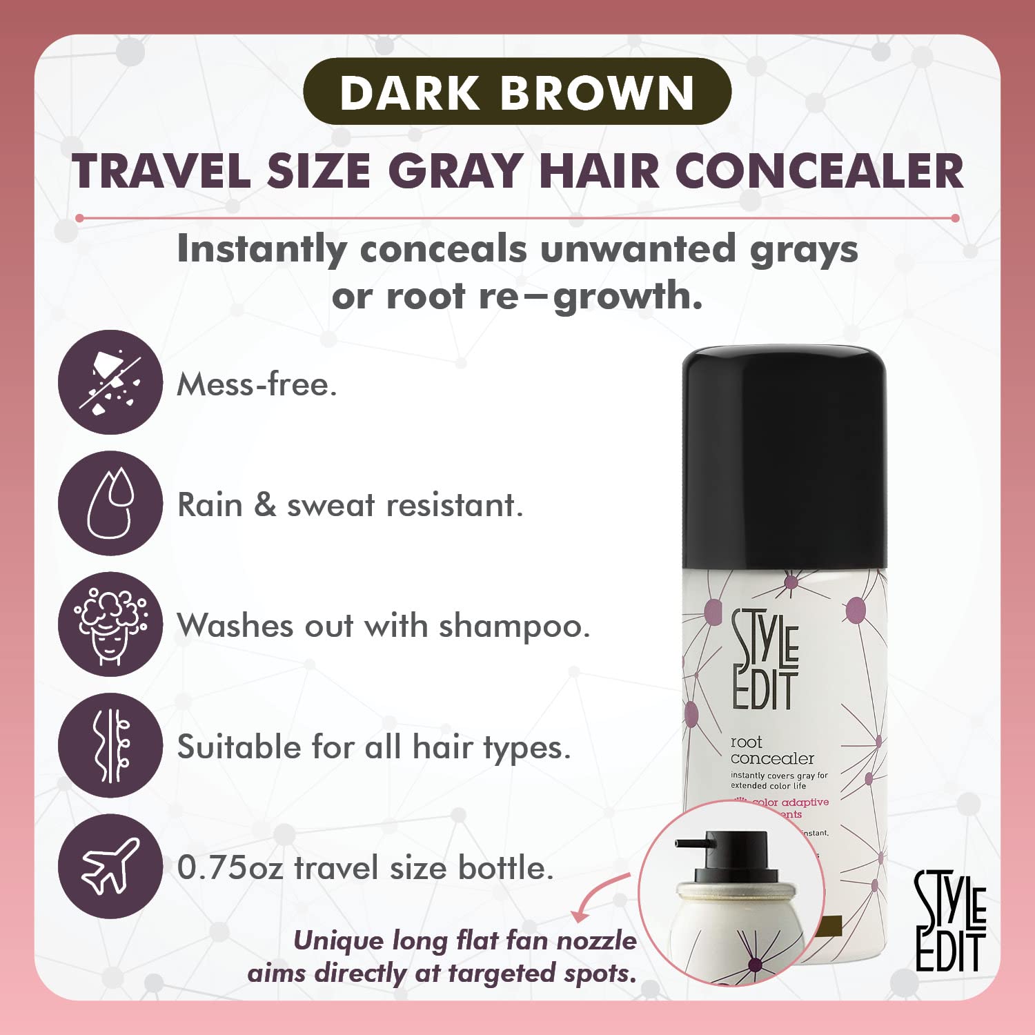 Root Touch Up Spray for Dark Brown Hair by Style Edit | Gray Hair Coverage | Temporary Dark Brown Hair Dye | 0.75 oz. Travel Size