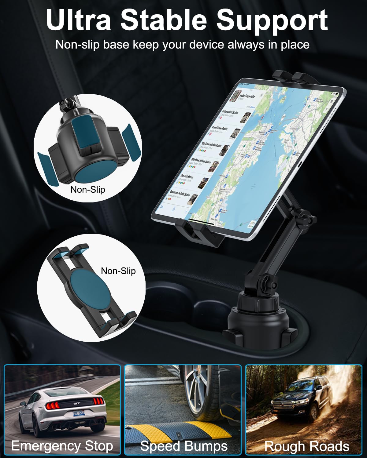 woleyi Cup Holder Car Tablet Mount, iPad Mount Holder for Car/Truck, 360° Rotation Adjustable Universal Tablet Stand Cradle Compatible with iPad Pro Air Mini, Galaxy Tabs, Cell Phones, 4.7-13" Devices