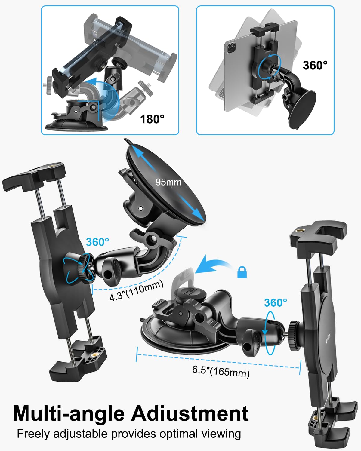 woleyi Car Tablet Holder Windshield - [95mm Strongest Suction Cup] Window Dashboard Car Tablet Mount for Trucks/Vehicles with 1/4'' Screw Tip, for 4.7-13" iPad Pro Air Mini, Galaxy Tab, iPhone, Camera