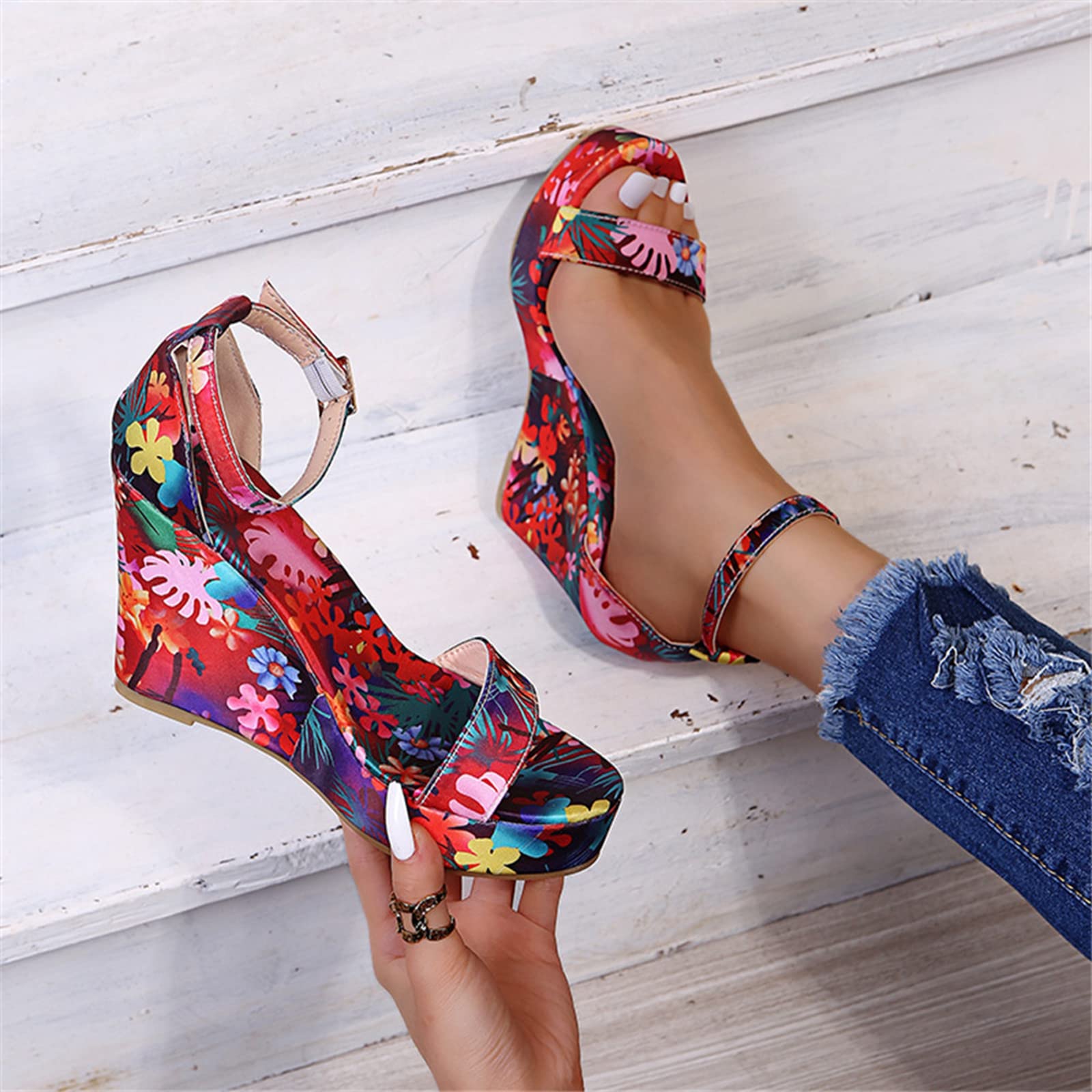 ZBYY Women's Platform Wedge Sandals Summer Floral Printed Slingback Platform Sandals Ankle Strap High Heels Sandals