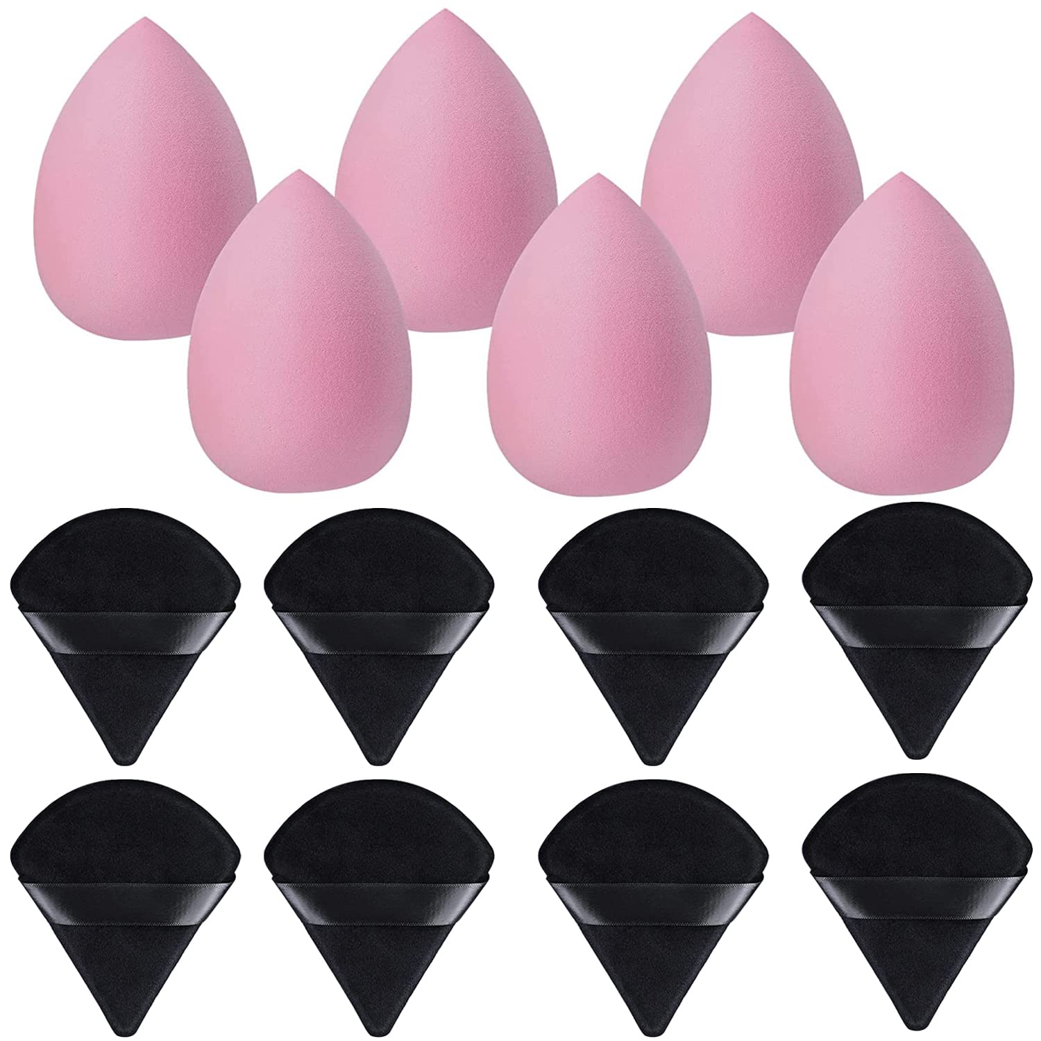 WSYUB 14Pcs Powder Puff &Makeup Blending Sponge, Professional Beauty Makeup Set- 6Pcs Pink Makeup Blender Tear-drop Shape, 6Pcs Black Triangle Velvet Powder Puff with 2Pcs Mini Pure Cotton Makeup Pad