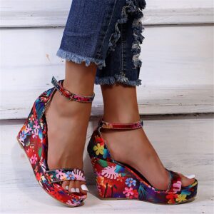 ZBYY Women's Platform Wedge Sandals Summer Floral Printed Slingback Platform Sandals Ankle Strap High Heels Sandals