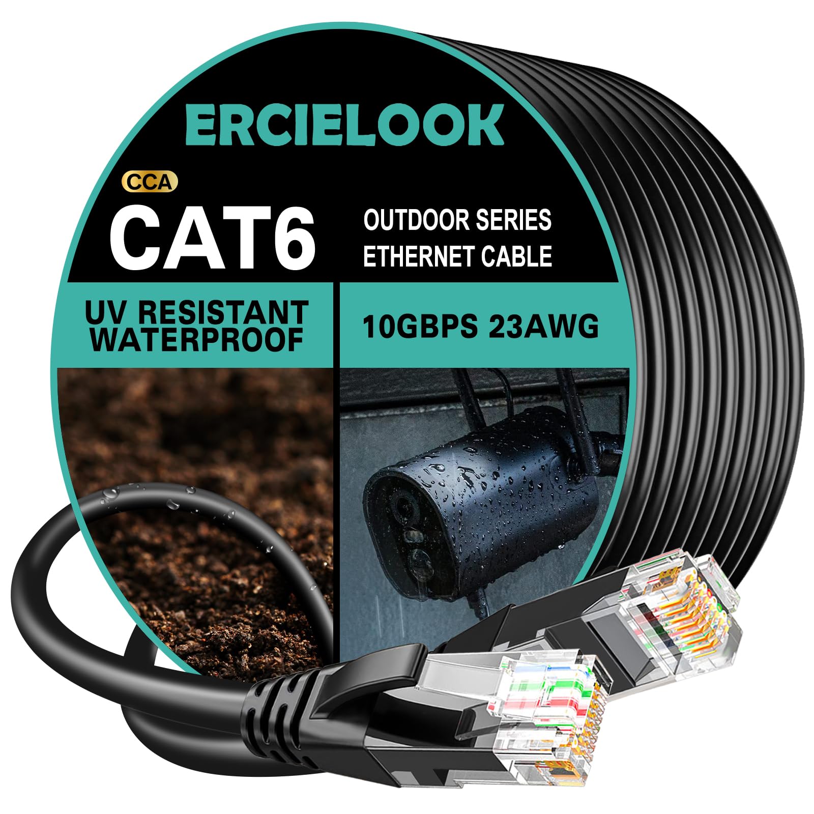 Ercielook Cat6 Outdoor Ethernet Cable 150FT - High Speed 23AWG 10Gbps CCA UTP Network Cable - Direct Burial LLDPE UV Jacket LAN Cable