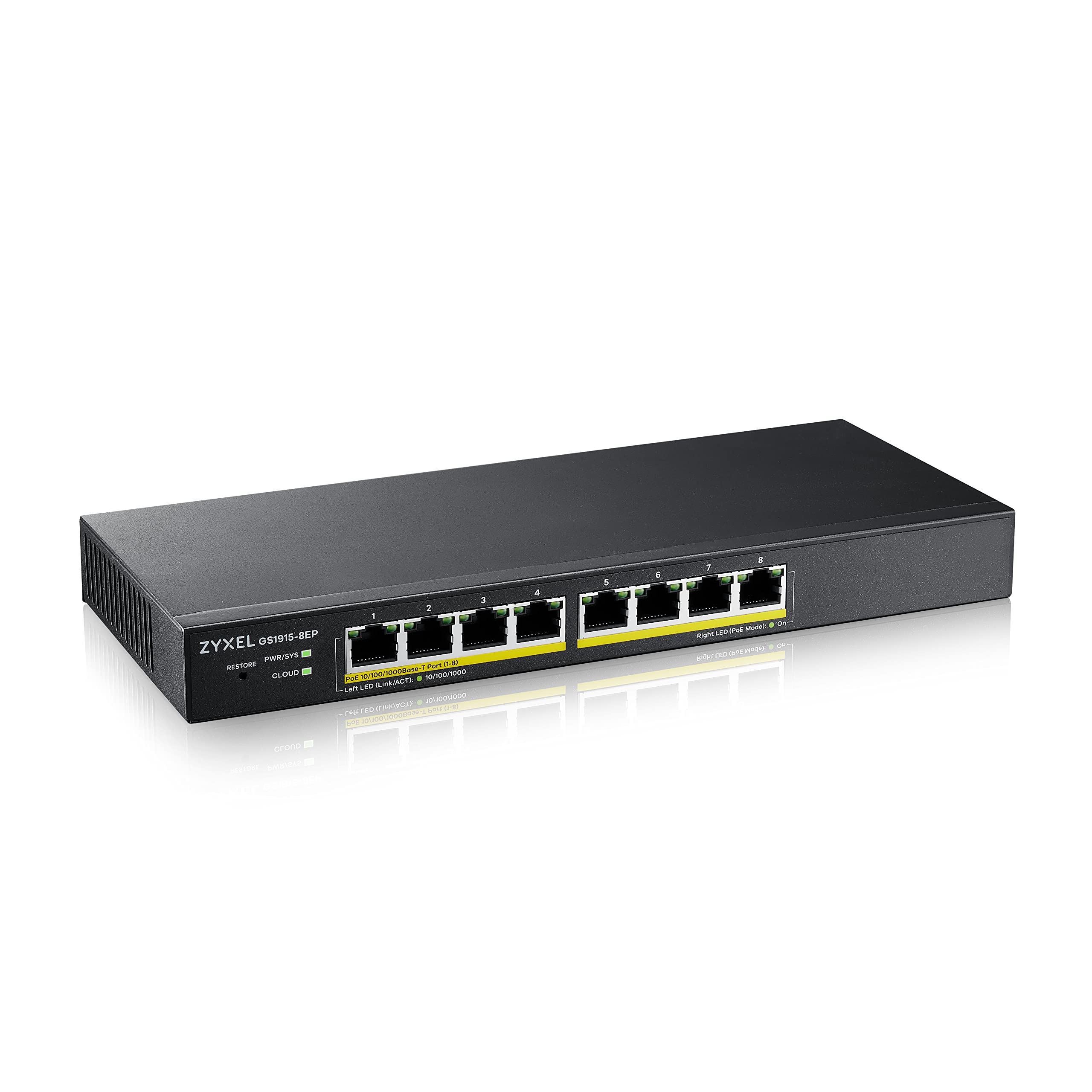 ZyXel 8-Port PoE Switch Gigabit Ethernet Smart (GS1915-8EP) - Managed, with 8X PoE+ @ 60W, Optional Nebula Cloud Management, Desktop or Wall Mount, Limited Lifetime Protection