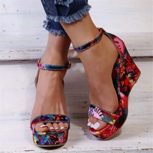 ZBYY Women's Platform Wedge Sandals Summer Floral Printed Slingback Platform Sandals Ankle Strap High Heels Sandals