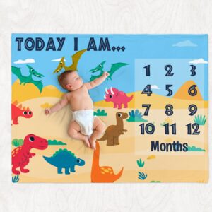 DOGGERZ Personalized Dinosaur Baby Blankets, Custom Baby Milestone Blanket with Name for Boy, Monthly Milestone Blanket, Personalized, Newborn Gifts