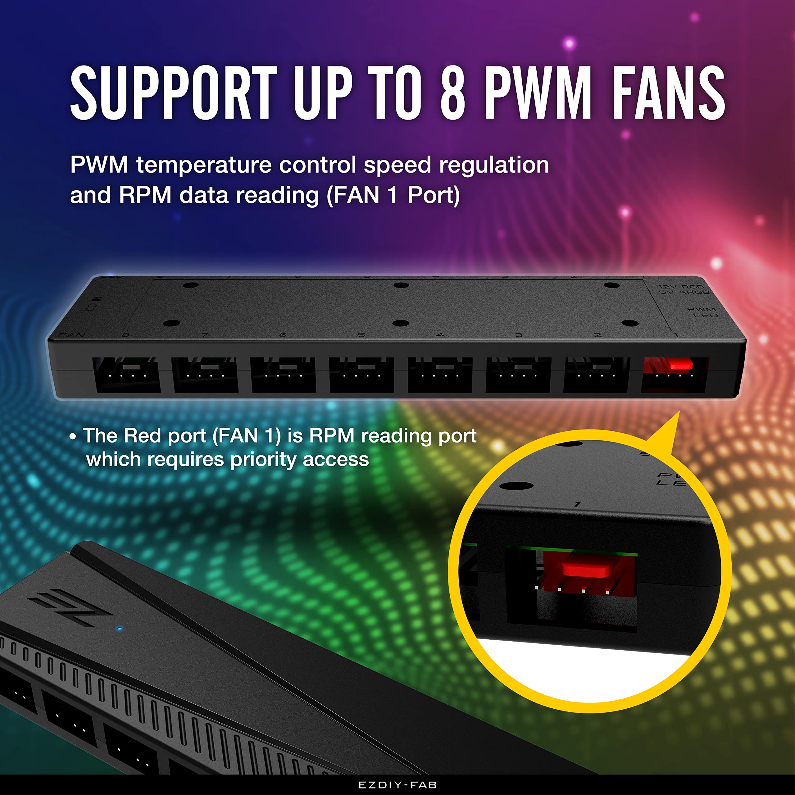 EZDIY-FAB ARGB PWM Fan Hub for PC Case Fan, 8 PWM Ports+8 ARGB Ports, 12V RGB/ 5V ARGB Motherboard Sync, PWM Functional Fan Adapter, Two Lighting Systems, Easy Cable Management.