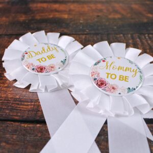 HAPPYLAND Baby Shower Decorations Floral Sash and Tinplate Badge Mommy to Be and Daddy to Be Baby