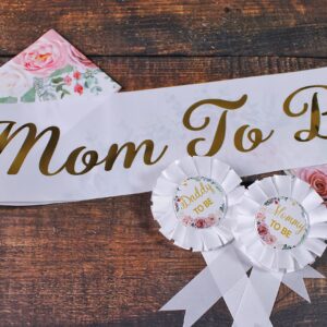 HAPPYLAND Baby Shower Decorations Floral Sash and Tinplate Badge Mommy to Be and Daddy to Be Baby