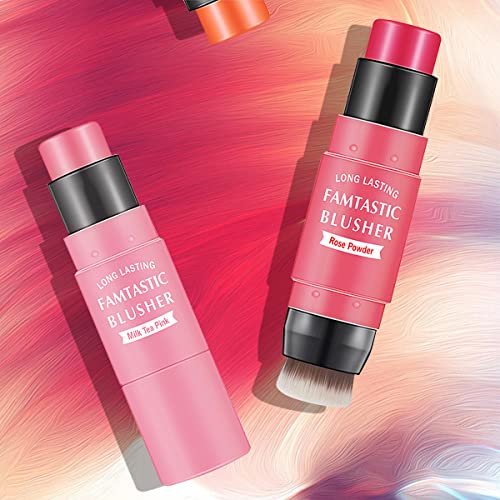 LOKFAR Cream Blush Stick for Cheeks Blush Makeup - 2 in 1 Multi Stick Blush for Cheeks Tint & Eyes & Lips, Cheek Makeup Stick Makeup Blush with Brush, Waterproof Creme Blush (#01 Cherry Pink)