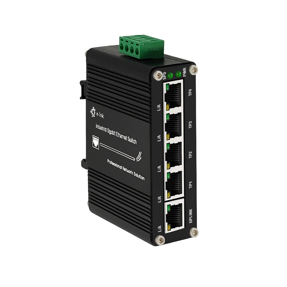 Mini Industrial 5 Ports Gigabit Switch Hardened 5 Port RJ45 10/100/1000Mbps Ethernet Switch Din Rail Mount Ethernet Switch Wall Mounts Included (-40 to 167 ºF) 10Gbps Switching Capacity