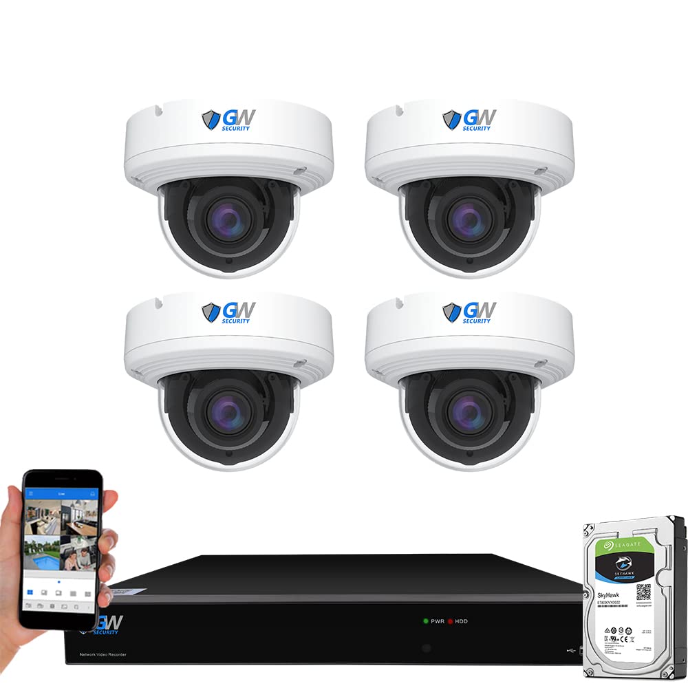 GW 4K (3840x2160 @30fps Real-time) 8 Channel Security Camera System with 4 8MP AI Facial Recognition/Human/Vehicle Detection 5X Optical Motorized Zoom PoE IP Dome Cameras