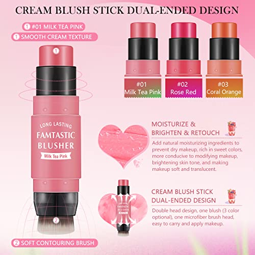 LOKFAR Cream Blush Stick for Cheeks Blush Makeup - 2 in 1 Multi Stick Blush for Cheeks Tint & Eyes & Lips, Cheek Makeup Stick Makeup Blush with Brush, Waterproof Creme Blush (#01 Cherry Pink)