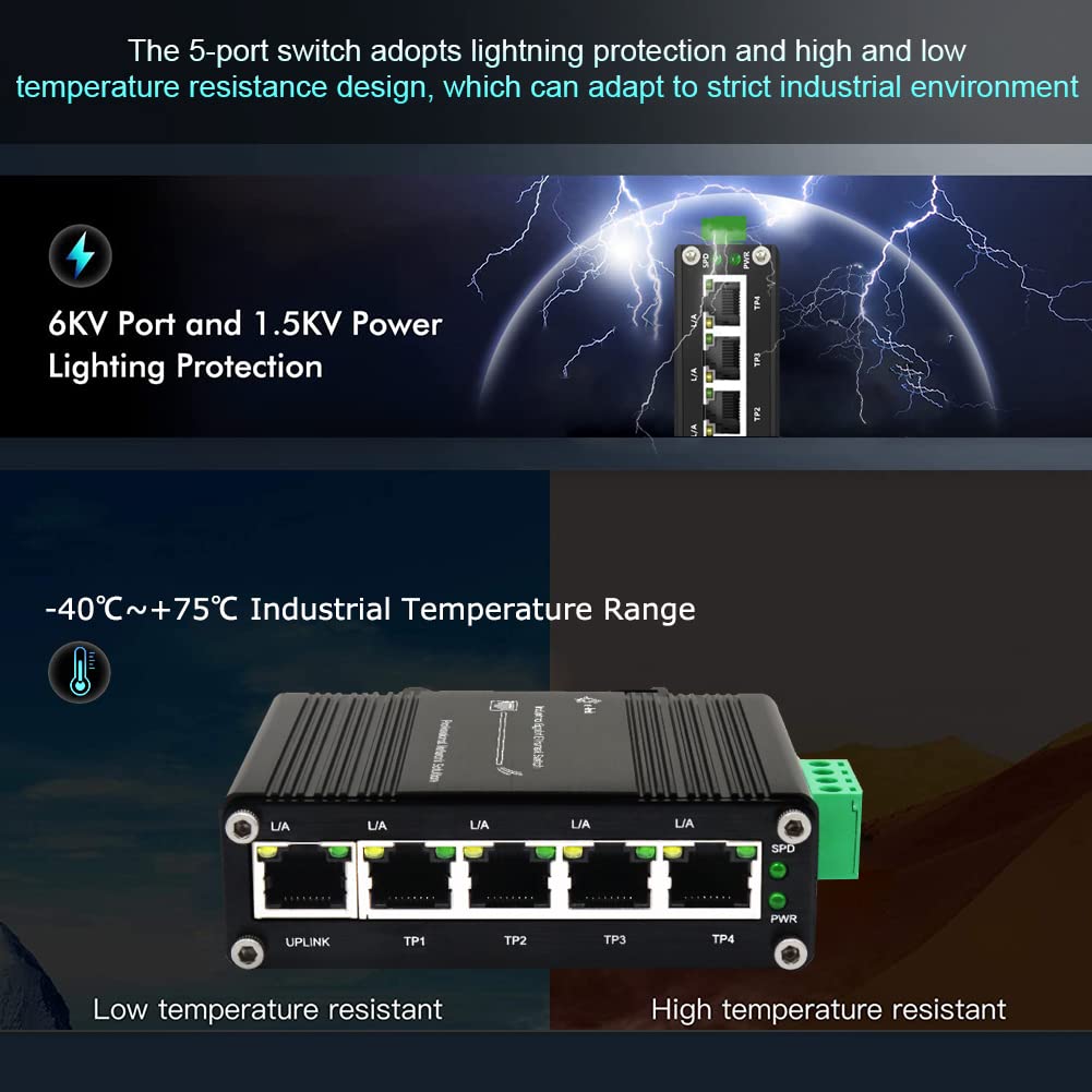 Mini Industrial 5 Ports Gigabit Switch Hardened 5 Port RJ45 10/100/1000Mbps Ethernet Switch Din Rail Mount Ethernet Switch Wall Mounts Included (-40 to 167 ºF) 10Gbps Switching Capacity