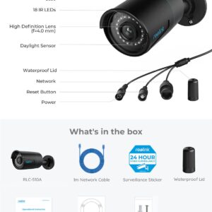 REOLINK 16 Specs RLC-510A-Black Bundle 16 Channel PoE NVR 4TB Hard Drive Installed,Outdoor IP Surveillance Cameras, 5MP Security Camera System, 100FT Night Vision,Human/Vehicle Detection