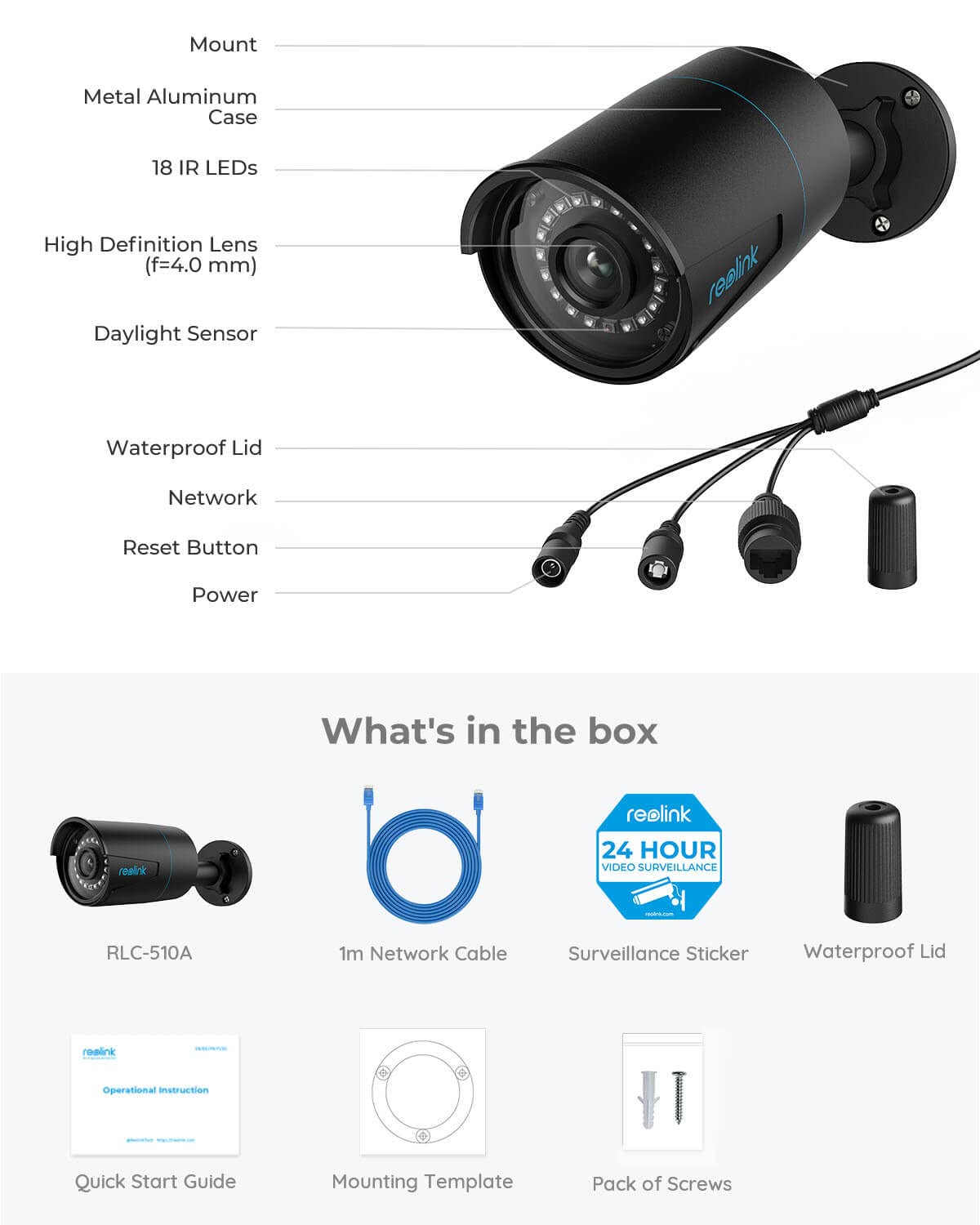 REOLINK 16 Specs RLC-510A-Black Bundle 16 Channel PoE NVR 4TB Hard Drive Installed,Outdoor IP Surveillance Cameras, 5MP Security Camera System, 100FT Night Vision,Human/Vehicle Detection